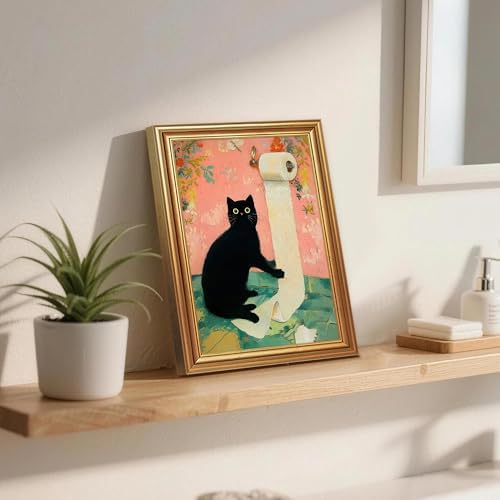 ICHZUMW Gold Framed Funny Black Cat Toilet Paper Canvas Wall Art, 8x10 In - Image 2