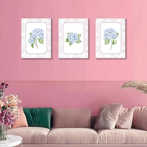 Blue Hydrangea Wall Art Set of 3, Preppy Blue Hydrangea Canvas Prints Poster - Image 2