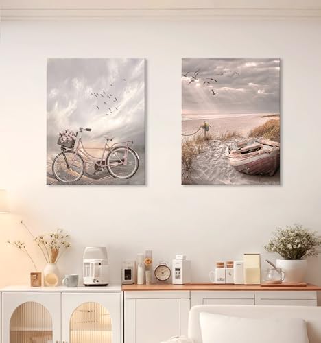 Beach Canvas Wall Art Neutral Coastal Canvas Pictures Vintage Bicycle Wooden - Image 6
