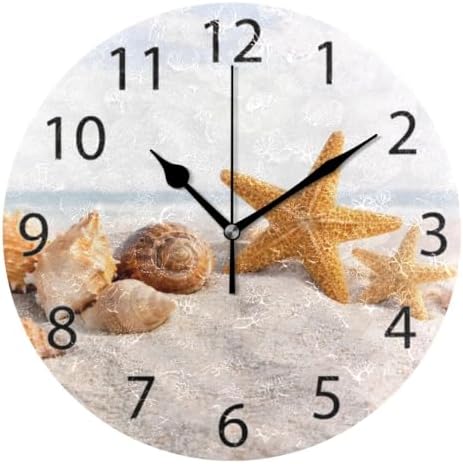 ABLINK Seashells on Ocean Beach Round Wall Clock, Silent Non Ticking Oil by Unknown