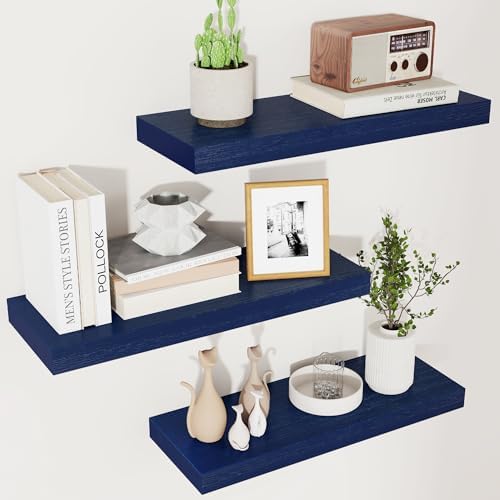 fuqing Blue Floating Shelves for Wall, 17 Inch Wood Wall Shelves Set of 3 by Fuqing