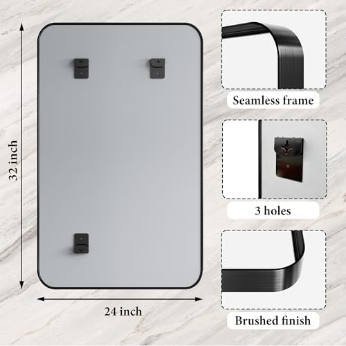 24"X32" Matte Black Metal Framed Vanity Rounded Rectangle Bathroom Mirrors - Image 4