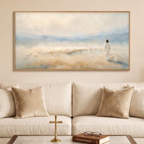 HOURIA Christian Jesus The Good Shepherd Framed Canvas Wall Art Set, Religious - Image 2