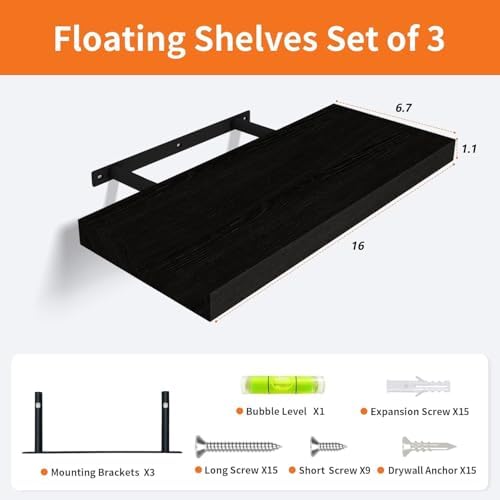 Floating Shelves for Wall Set of 3, 16 Inch Black Floating Shelves Bedroom - Image 3