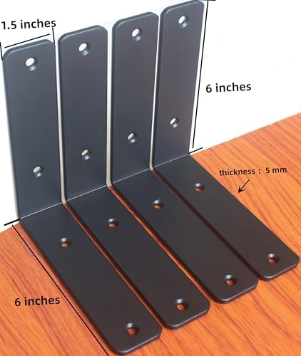 2 Pack - L 6" x H 6" x W1.5, 5mm Thick Black L Shelf Bracket, Iron Shelf - Image 2