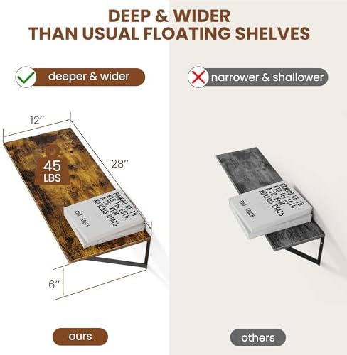 Heimlove 28W x 12D Deep Floating Shelves Set of 2 Rustic Brown - Image 3