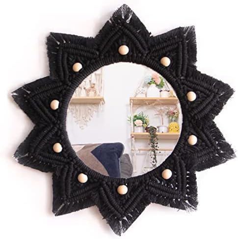 TENEWEE Boho Wall Decor Black Macrame Round Hanging Mirror by TENEWEE
