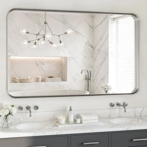 48X30 Inch Silver Metal Framed Bathroom Mirror by MYSUNORIA