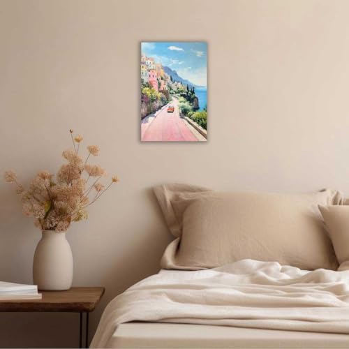 Bittiler Retro Italy Coastal Posters Pink Seaside Town Canvas Wall Art Sunset - Image 3