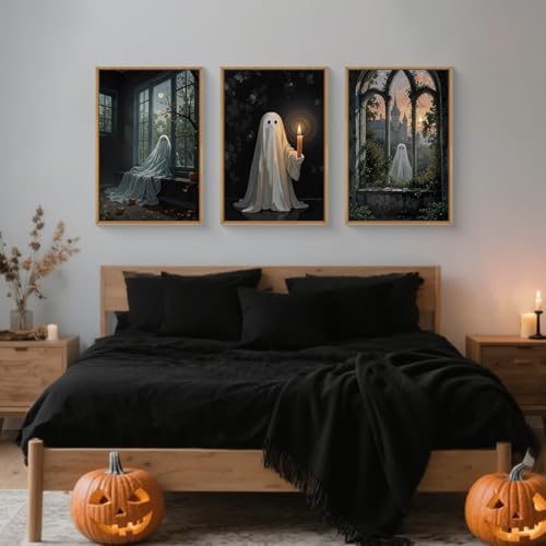 LHIUEM Large Halloween Cute Ghost Framed Canvas Wall Art Set, Vintage Spooky - Image 5