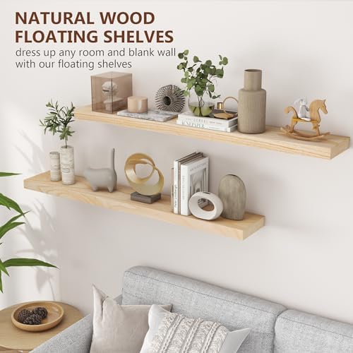 fuqing 48 Inch Floating Shelves 6.7'' Deep Natural Wood Shelves Set of 2 - Image 6