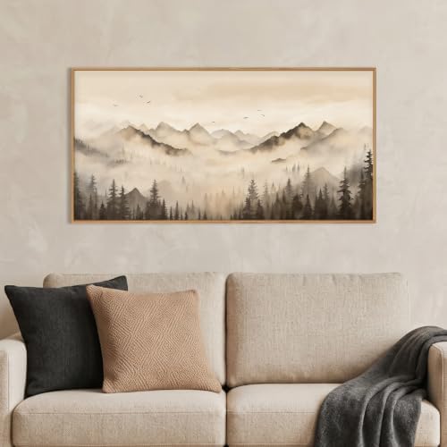 Neutral Misty Mountain Forest Framed Canvas Wall Art-40"x20"x1 by Celestdeco