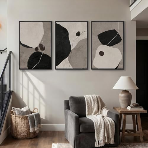 Large Framed Black and White Abstract Wall Art, 3 Piece Set, Each 24x36 In - Image 3
