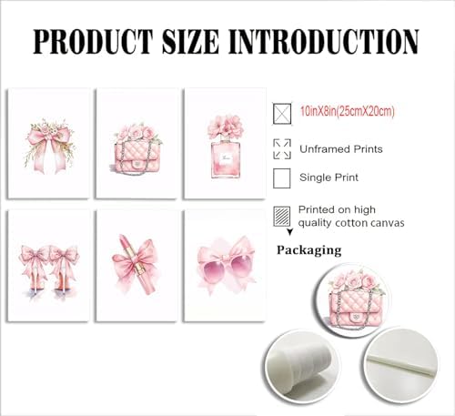 6Pcs Pink Bow Canvas Wall Art, Coquette Preppy Cute Bow Posters Prints Wall - Image 3