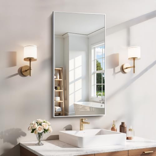 YIROMAN Bathroom Mirror 20"x40", Brushed Silver Bathroom Mirror by Unknown