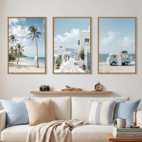 Large Summer Coastal Framed Canvas Wall Art Set, Modern Beach Surfboard Wall by Unknown