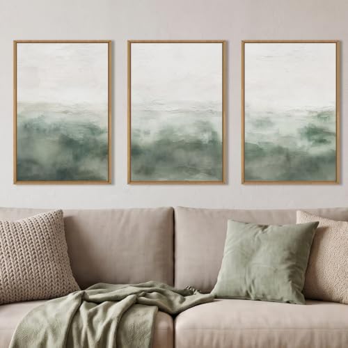 Large Abstract Grey Green Framed Canvas Wall Art, Watercolor Neutral White Wall by Unknown