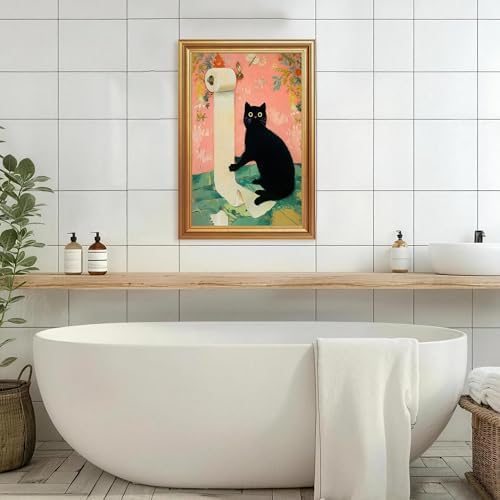 ICHZUMW Gold Framed Funny Black Cat Toilet Paper Canvas Wall Art, 16x24 In - Image 5