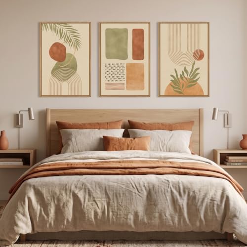 Large Boho Sage Green Framed Canvas Wall Art, Abstract Geometric Beige Wall - Image 5