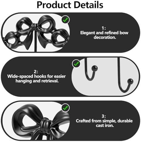 Black Bow Hooks Coat Rack, Wall Mount Coat Hook, Bow Room Wall Decorations - Image 4