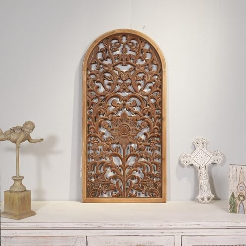 WREVERW Rustic Boho Arched Wood Wall Art, Hand-Carved Floral Panel - Image 6