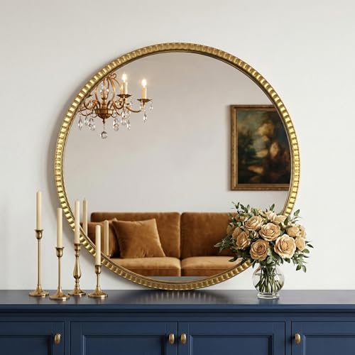 Round Gold Wall Mirror with Luxury Metal Frame Home Decor 32" - Image 3