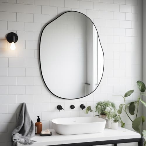 Black Irregular Mirror for Bathroom Asymmetrical Wood Vanity Mirror 24"x32" - Image 5