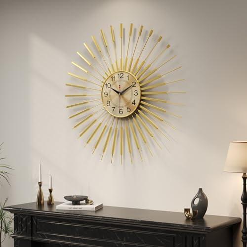Cuspin 24 Inch Gold Wall Clock, Large Mid Century Modern Sunburst Clocks - Image 2