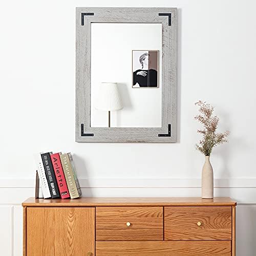 YOSHOOT Rustic Wooden Framed Wall Mirror, Natural Wood Bathroom Vanity Mirror - Image 4