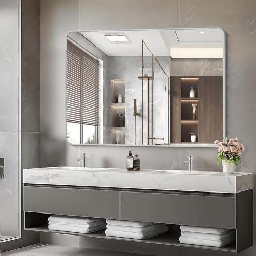 48x36 Inch Silver Bathroom Mirror, Large Rectangular Vanity Mirror, Metal - Image 3