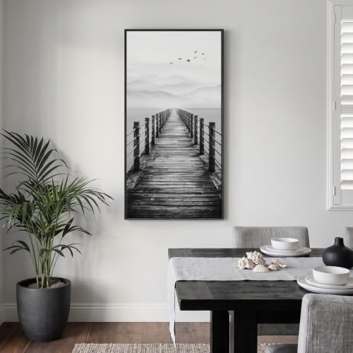 Framed Black and White Lake Pier Landscape Wall Art - Image 4