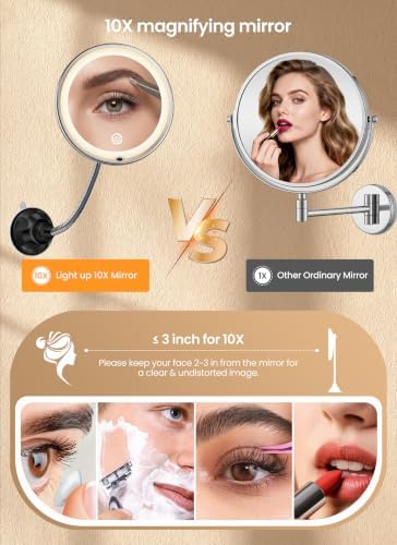 10x Makeup Mirror with Lights, Flexible Magnifying Mirror 3 Light Modes - Image 3
