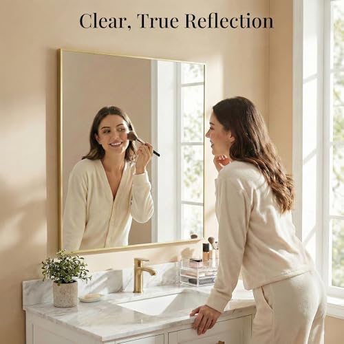 30"x30" Satin Gold Framed Square Bathroom Vanity Wall Mirror - Image 5
