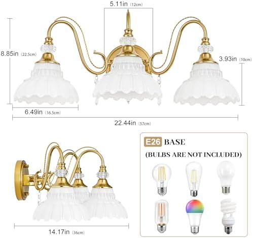 Vintage Bathroom Vanity Light, 3-Light Brushed Gold Finish Wall Sconce - Image 6