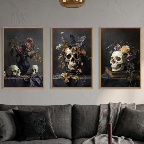 Large Vintage Skull Halloween Floral Framed Canvas Wall Art Set, Abstract by Unknown