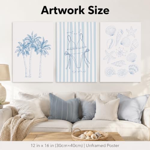 3Pcs Blue Coastal Unframed Canvas Wall Art, Preppy Beach Summer Decor - Image 2