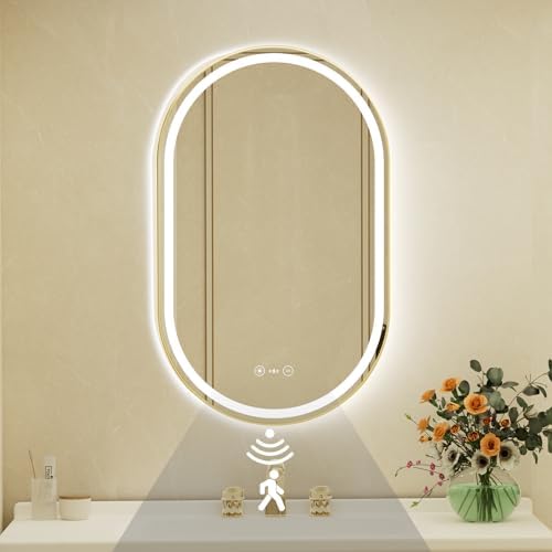 22x36 Inch Oval Gold Framed LED Bathroom Mirror by JingYiMingJing