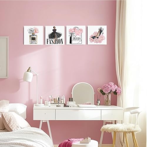 4 Pcs Pink Fashion Women Wall Art Pink Flowers Perfume High Heel Wall Decor - Image 4