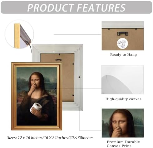 ICHZUMW Gold Framed Funny Mona Lisa Toilet Paper Canvas Wall Art, 16x24 In - Image 6