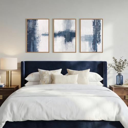 Abstract Navy Blue Grey Framed Canvas Wall Art Set-16"x24"x3 - Image 4