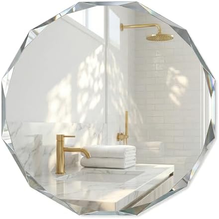 24" Round Frameless Beveled Mirror, Diamond Cut Edge Wall Mirror by FurniXpress
