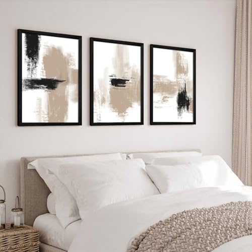 Beige Abstract Wall Art Painting Set of 3 Neutral Canvas Wall Art Prints Black - Image 6