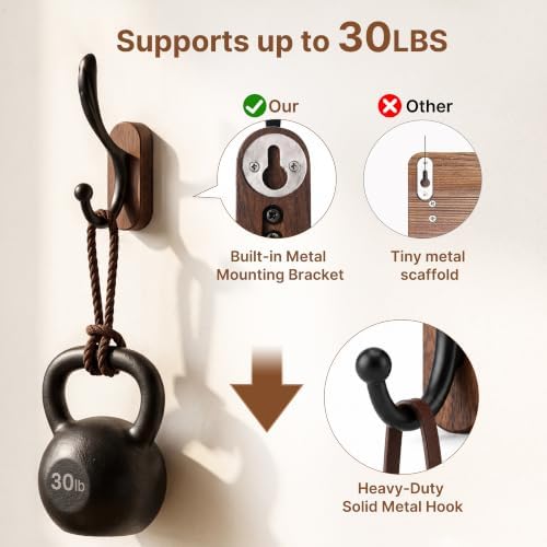 4 Pack Wall Mounted Coat Hooks, Walnut Wood & Black Metal Double Hooks - Image 5