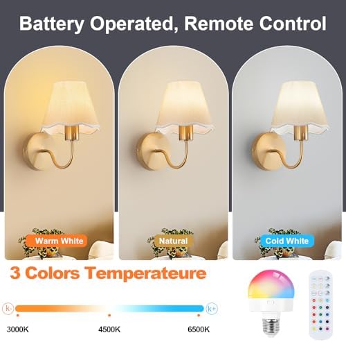 ADISUN Battery Operated Wall Sconce Set of 2, Cream Rattan Shade, Wireless Wall - Image 3
