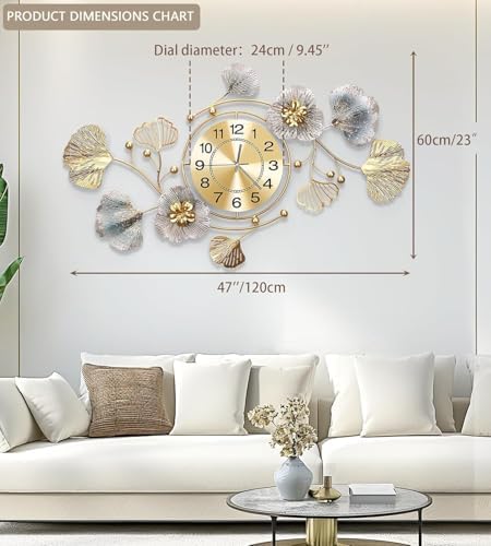 47" Modern Farmhouse Large Decorative Wall Clock, Ginkgo Metal Art - Image 2