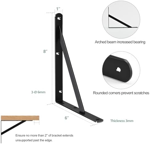 2 Pack L8 x H 6" Black Heavy Duty Shelf Brackets - Image 2