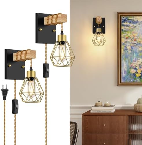 Lomoky Rustic Plug in Wall Sconces Set of 2, Vintage Wall Light Fixtures by Lomoky