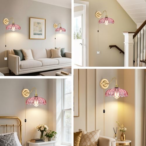 ZECOXOL Vintage Plug in Wall Sconces Set of Two, Glass Wall Sconces Lamps - Image 7