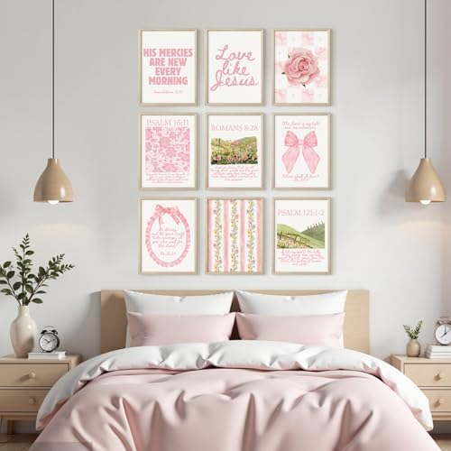 Christian Wall Art Pink Bible Verse Canvas Posters Coquette Bow Room Wall Decor - Image 7