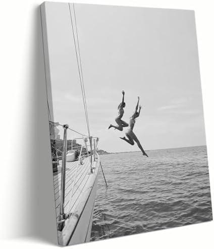 80s vintage poster Black and White Poster Ocean Jump Sail Boat Yacht Art Women by Unknown